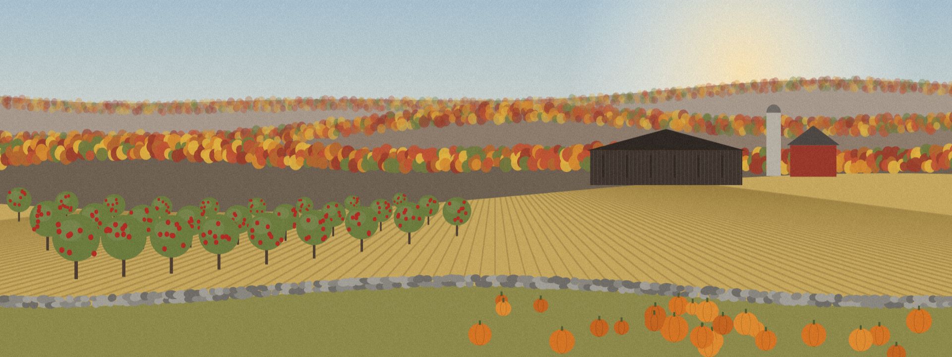 Illustrated New England farm landscape with wooded hills, a barn and stone walls